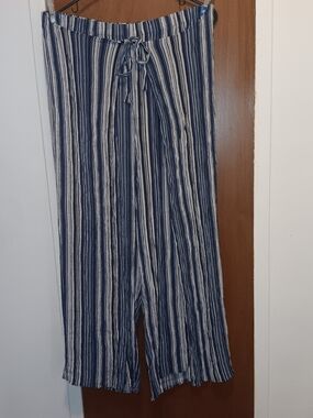 BCX Navy and White Gauze Striped Wide-Leg Pants With Tie Front Xl